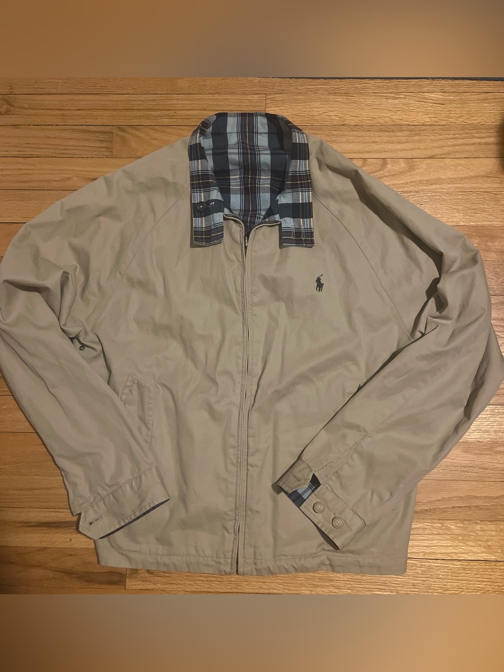 VTG 90s POLO Ralph Lauren Madras Reversible Harrington Jacket XL Tan and Plaid